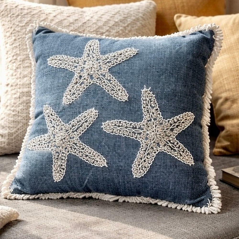 Beaded Starfish Throw Pillow w/ Fringe Blue Denim Coastal Motif 12" x 12"
